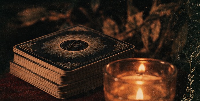 Antique tarot deck beside a glowing candle